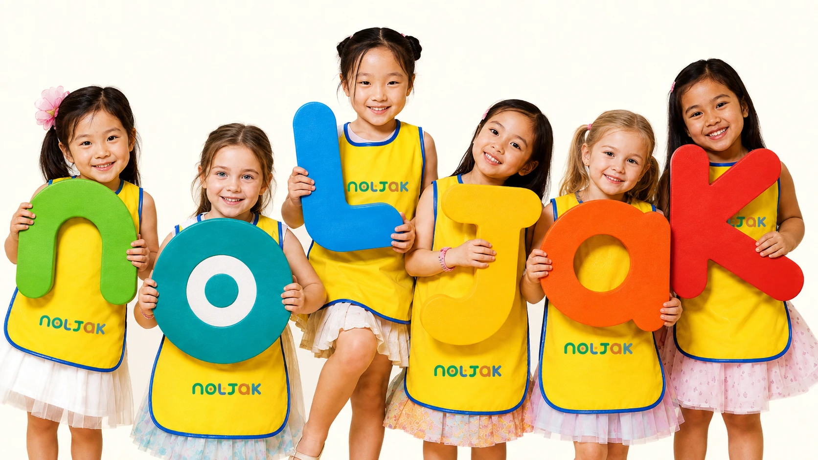 Six children from Korea, USA, China, Vietnam, Germany, and the Philippines holding colorful NOLJAK letters